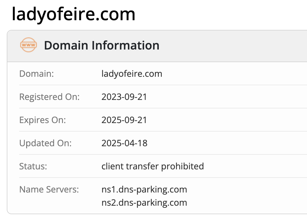 информация о домене ladyofeire.com
