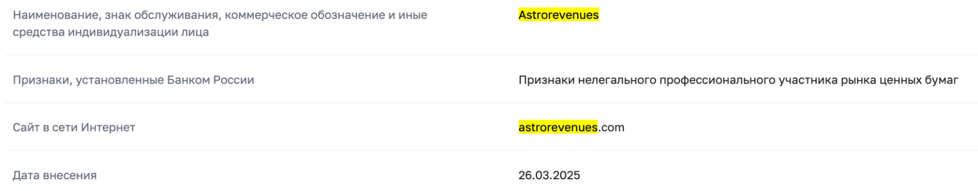 информация сайта Astro Revenue